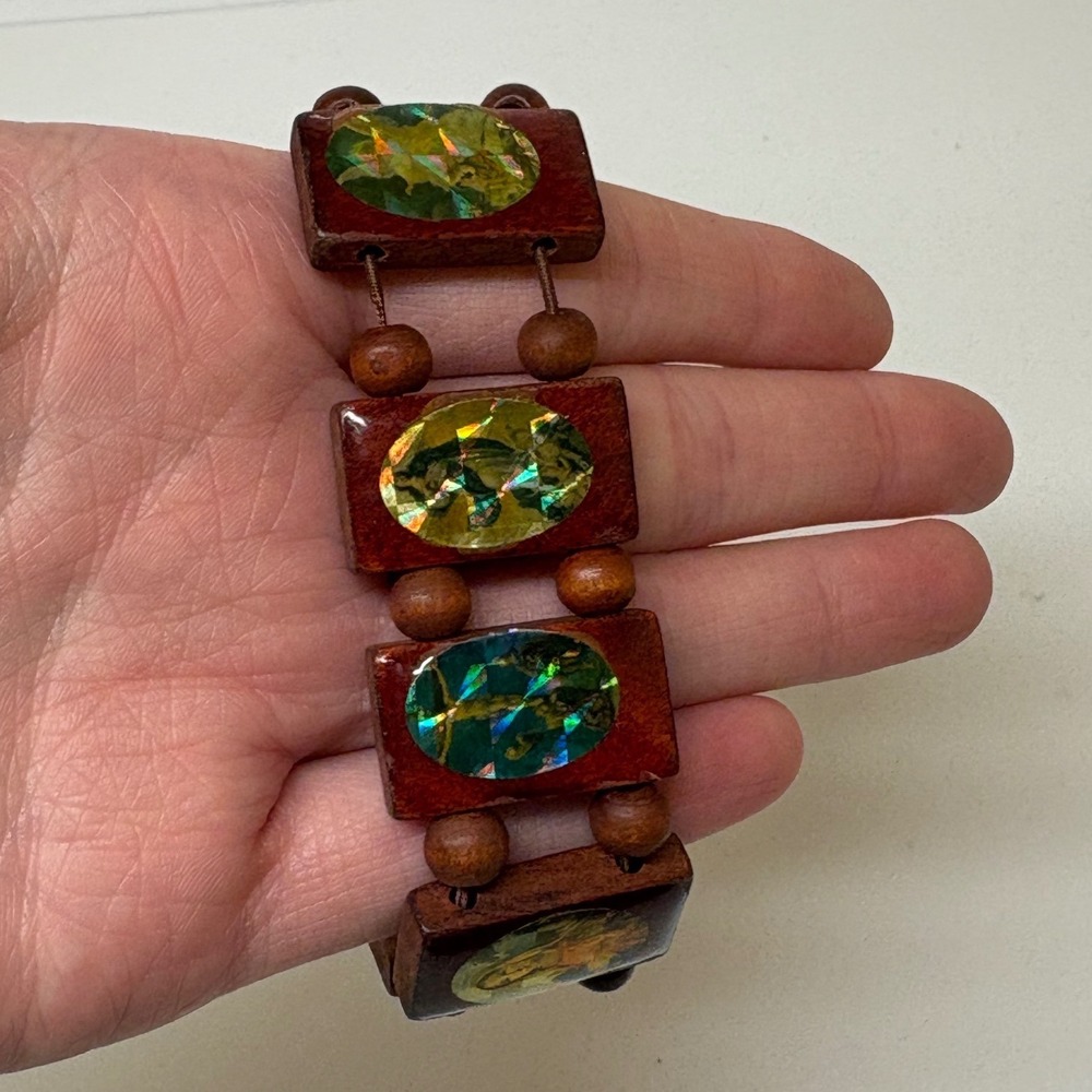 Religious Wood Panel Stretch Bracelet Holographic Faceted Saints Icons Brown